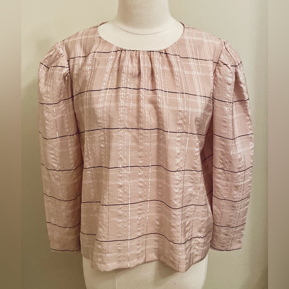 Ann Taylor Pink Black Silver Metallic Plaid L Retro Mod Office Chic Preppy Top